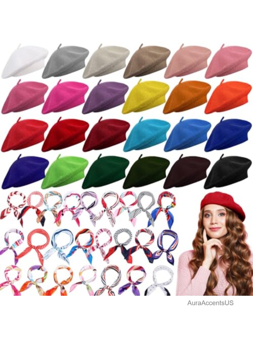 48 Pcs Wool Blend Beret Hats with Silky Scarves Bulk Set Party Favor Costume